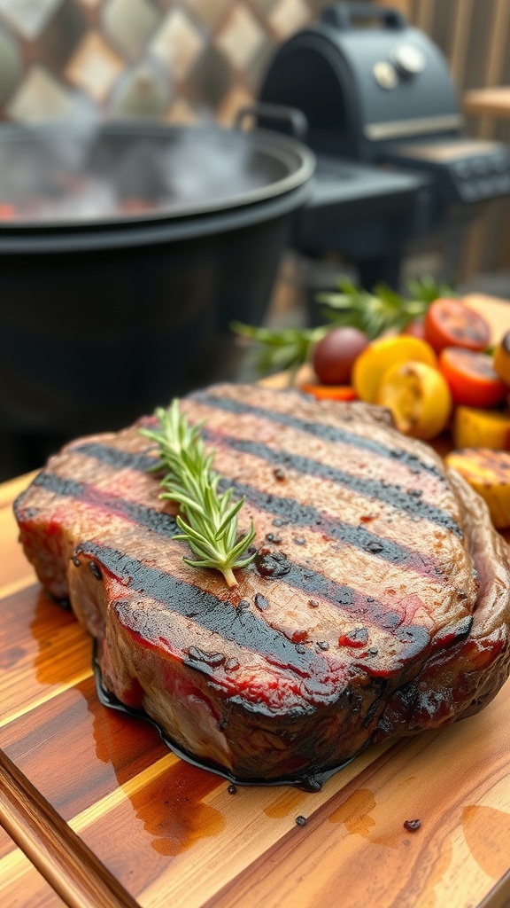 Juicy grilled ribeye steak with rosemary on a cutting board, accompanied by grilled vegetables.